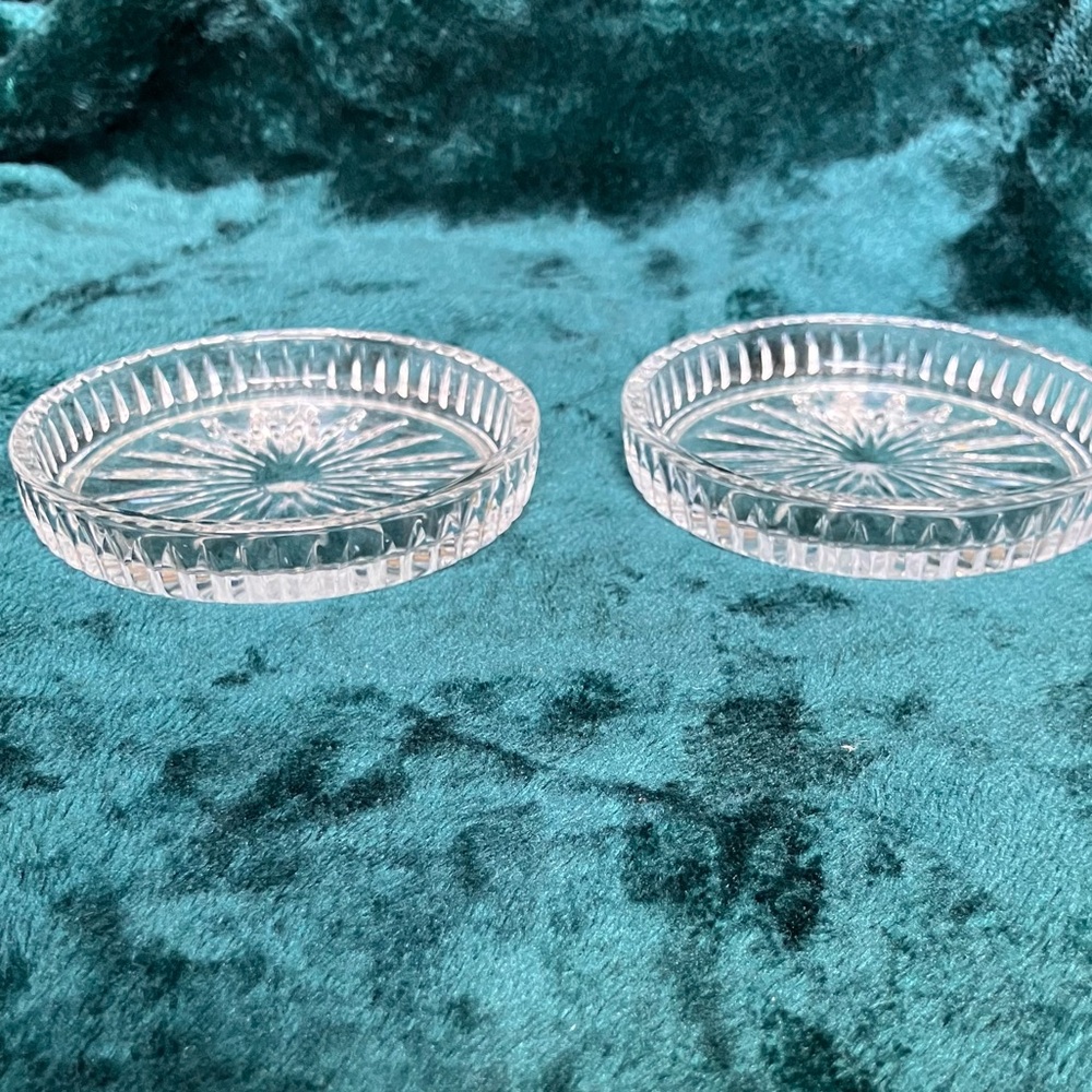 Vintage Set of 2 Intricate Sunburst Cut Glass Coasters